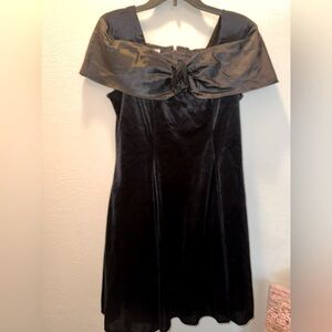Vintage black velvet rosette off shoulder dress formal USA made worker union
